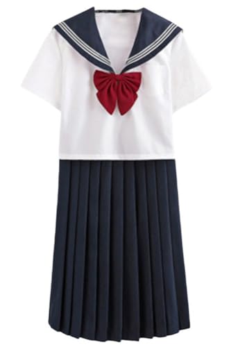 TEDPRBGE Japanisches JK-Uniform-Kostüm, Matrosenuniform, JK, Hemden, Uniform, Fliege, Anime, Cosplay, Kostüme für Damen (Dunkelblau, kurzärmelig, 65 cm Rock + Fliege, L) von TEDPRBGE