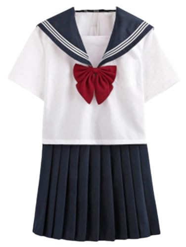 TEDPRBGE Japanisches JK-Uniform-Kostüm, Matrosenuniform, JK, Hemden, Uniform, Fliege, Anime, Cosplay, Kostüme für Damen (Dunkelblau + kurze Ärmel + 45 cm Rock + Fliege, M) von TEDPRBGE
