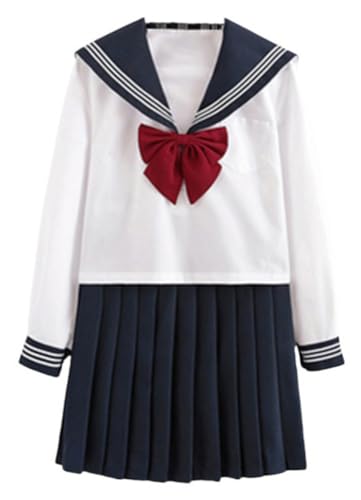 TEDPRBGE Japanisches JK-Uniform-Kostüm, Matrosenuniform, JK-Kleid, Hemden, Uniform, Fliege, Anime, Cosplay, Kostüme für Damen (dunkelblau, langärmelig, 45 cm Rock + Fliege, Größe 2XL) von TEDPRBGE