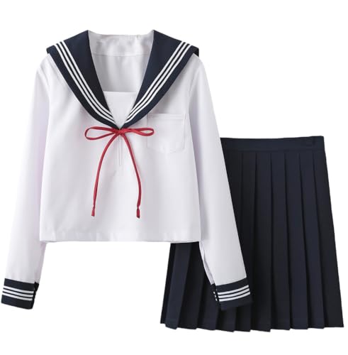 TEDPRBGE Japanisches JK-Uniform-Kostüm, Matrosenuniform, JK-Kleid, Hemden, Uniform, Fliege, Anime, Cosplay, Kostüme für Damen (dunkelblau, langärmelig, 45 cm Rock + Schleife, XL) von TEDPRBGE