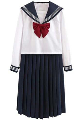 TEDPRBGE Japanisches JK-Uniform-Kostüm, Matrosenuniform, JK-Kleid, Hemden, Uniform, Fliege, Anime, Cosplay, Kostüme für Damen (dunkelblau, langärmelig, 65 cm Rock + Fliege, M) von TEDPRBGE