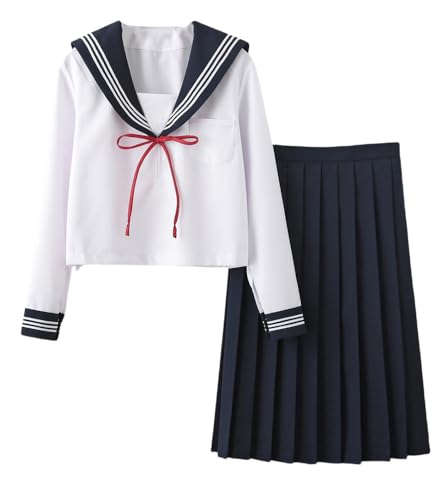 TEDPRBGE Japanisches JK-Uniform-Kostüm, Matrosenuniform, JK-Kleid, Hemden, Uniform, Fliege, Anime, Cosplay, Kostüme für Damen (dunkelblau, lange Ärmel, 65 cm Rock + Schleife, M) von TEDPRBGE