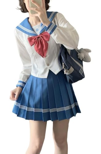TEDPRBGE Japanisches JK Uniform Kostüm JK Matrosenuniform Matrosenhemd Mini Faltenrock Anime Cosplay Kostüm für Frauen (Blau, M) von TEDPRBGE