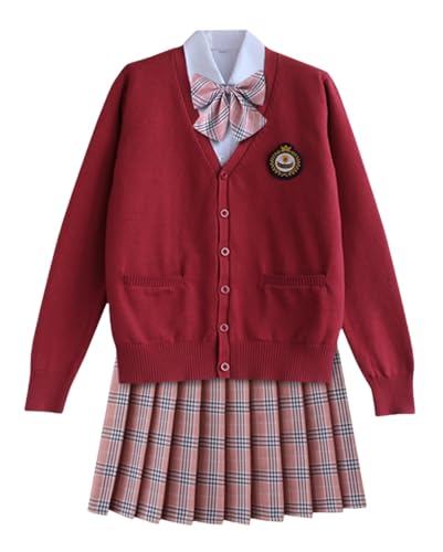 TEDPRBGE Japanisches Schulkostüm, JK, Uniform, Kostüm, roter Strickjacke, Pullover, karierter Rock, Set, Anime, Cosplay, Outfit (Rosa, L) von TEDPRBGE