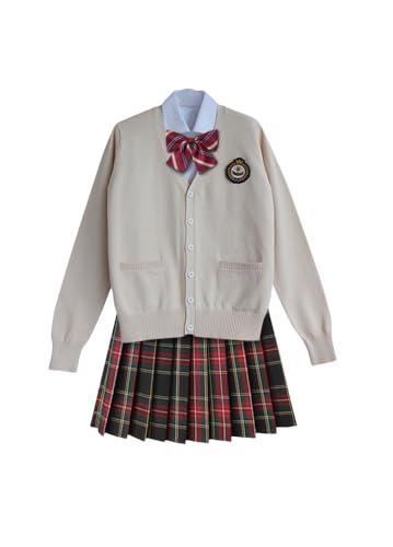 TEDPRBGE Japanisches Schulkostüm, JK Uniform-Kostüm, Aprikosenfarbe, Strickjacke, Pullover, Rock, Fliege, Set, Anime-Kostüm (Rotgrün, L) von TEDPRBGE
