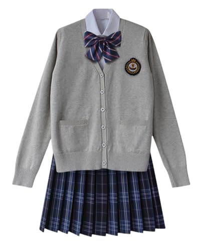 TEDPRBGE Japanisches Schulkostüm, JK-Uniform-Kostüm, grau, Strickjacke, Pullover, karierter Rock, Fliege, Set, Anime-Kostüm (Blau / Schwarz, M) von TEDPRBGE
