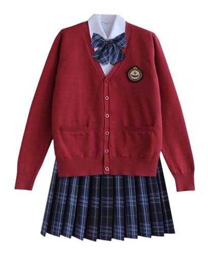 TEDPRBGE Japanisches Schulkostüm, JK-Uniform-Kostüm, roter Strickjacke, Pullover, karierter Rock, Fliege, Anime-Kostüm (Blau, Schwarz, M) von TEDPRBGE