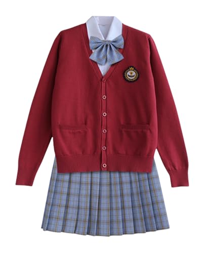 TEDPRBGE Japanisches Schulkostüm, JK-Uniform-Kostüm, roter Strickjacke, Pullover, karierter Rock, Fliege, Anime-Kostüm (Ombré-Blau, M) von TEDPRBGE