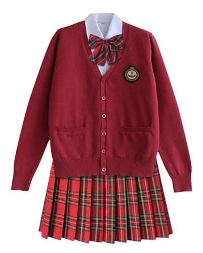 TEDPRBGE Japanisches Schulkostüm, JK-Uniform-Kostüm, roter Strickjacke, Pullover, karierter Rock, Fliege, Anime-Kostüm (Rot, L) von TEDPRBGE