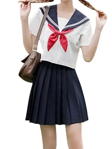 TEDPRBGE Japanisches Schuluniform-Kostüm, JK, Matrosenuniform, Faltenrock, Hemd, Anime-Kostüm für Damen (kurzärmelig, 45 cm Rock, M) von TEDPRBGE