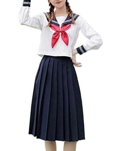 TEDPRBGE Japanisches Schuluniform-Kostüm, JK, Matrosenuniform, Faltenrock, Hemd, Anime-Kostüm für Damen (langärmelig, 65 cm Rock, S) von TEDPRBGE