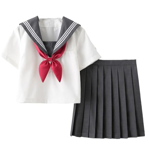 TEDPRBGE Japanisches Schuluniform-Kostüm JK Matrosenuniform Grau Faltenrock Matrosenhemd Anime Cosplay Kostüm für Damen (Kurzarm, M) von TEDPRBGE
