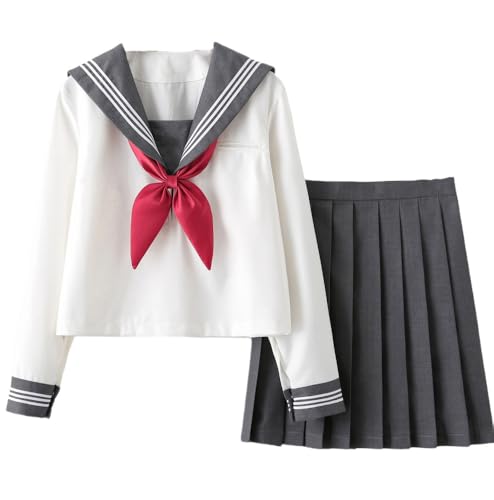 TEDPRBGE Japanisches Schuluniform-Kostüm JK Matrosenuniform Grau Faltenrock Matrosenhemd Anime Cosplay Kostüm für Damen (Langarm, M) von TEDPRBGE