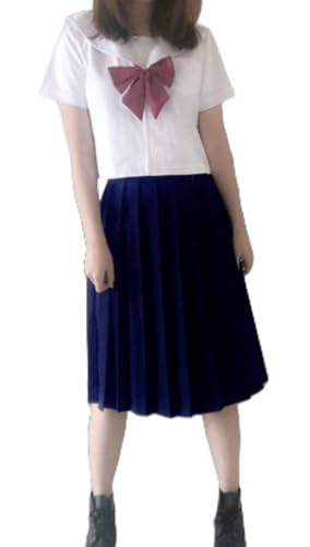 TEDPRBGE Japanisches Uniform-Kostüm, Matrosenuniform, JK, Rock, Hemden, Uniform, Fliege, Anime, Cosplay, Kostüme für Damen (Dunkelblau, kurzärmelig, 65 cm Rock, weinrote Fliege, L) von TEDPRBGE