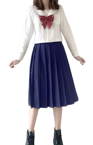 TEDPRBGE Japanisches Uniform-Kostüm, Matrosenuniform, JK, Rock, Hemden, Uniform, Fliege, Anime, Cosplay, Kostüme für Damen (Dunkelblau, langärmelig, 65 cm Rock, weinrote Fliege, L) von TEDPRBGE