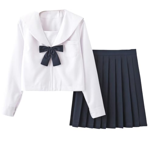 TEDPRBGE Japanisches Uniform-Kostüm, Matrosenuniform, JK, Rock, Hemden, Uniform, Fliege, Anime, Cosplay, Kostüme für Damen (Dunkelblau, lange Ärmel + 45 cm Rock, S) von TEDPRBGE