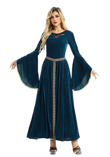 TEDPRBGE Renaissance-Kleid für Damen, Mittelalter-Kostüm, mittelalterliches Bauernkleid, Vintage-Kleid, langes Seelve-Kleid, Halloween-Kostüm (Blau, L) von TEDPRBGE
