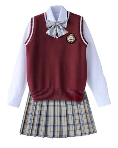 TEDPRBGE Schulkostüm im britischen Stil, JK, Uniform-Kostüm, rote Strickweste, Hemd, karierter Rock, japanisches Anime-Outfit (Milchweiß, Größe 3XL) von TEDPRBGE
