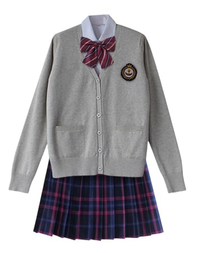 TEDPRBGE Schulkostüm im japanischen Stil, JK, Uniform, Kostüm, grau, Strickjacke, Pullover, karierter Rock, Set Anime-Outfit (Blau-Lila, M) von TEDPRBGE