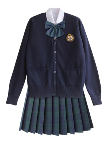 TEDPRBGE Schulkostüm im japanischen Stil, JK, Uniform-Kostüm, dunkelblau, Strickjacke, Pullover, karierter Rock, Set, Anime-Outfit (Grün, L) von TEDPRBGE
