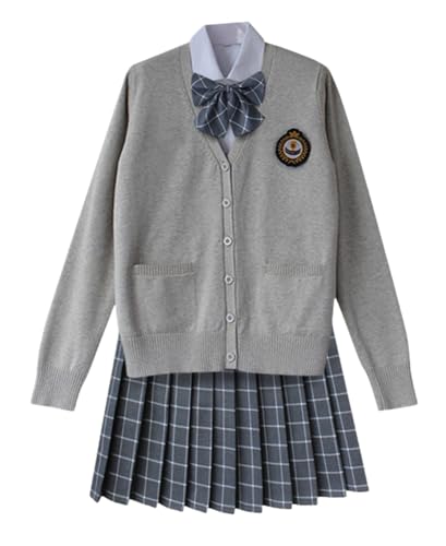 TEDPRBGE Schulkostüm im japanischen Stil, JK, Uniform-Kostüm, grau, Strickjacke, Pullover, karierter Rock, Set, Anime-Outfit (Grau, Größe 2XL) von TEDPRBGE