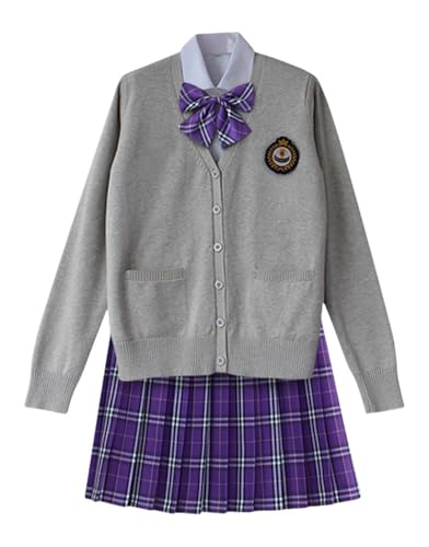 TEDPRBGE Schulkostüm im japanischen Stil, JK, Uniform-Kostüm, grau, Strickjacke, Pullover, karierter Rock, Set, Anime-Outfit (Lila, S) von TEDPRBGE