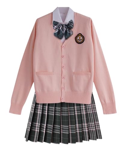 TEDPRBGE Schulkostüm im japanischen Stil, JK, Uniform-Kostüm, rosa, Strickjacke, Pullover, karierter Rock, Set, Anime-Outfit (Schwarz/Rosa, Größe 2XL) von TEDPRBGE