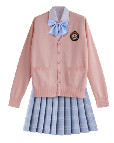 TEDPRBGE Schulkostüm im japanischen Stil, JK, Uniform-Kostüm, rosa, Strickjacke, Pullover, karierter Rock, Set Anime-Outfit (Himmelblau, Größe 2XL) von TEDPRBGE