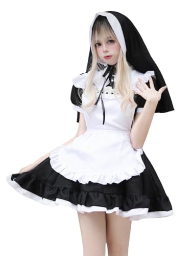 TEDPRBGE Schwarz-weißes Anime-Dienstmädchenkleid, französisches Schürzenkleid, Nonnen-Outfit, Kleid, Halloween, Cosplay-Kostüm, Größe L von TEDPRBGE