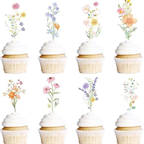 TELAIN 36 Stück Blumen Cupcake Topper, Wildblumen Baby Shower Deko, Geburtstagsdekoration für Mädchen und Frauen TELAIN 36 Stück Blumen Cupcake Topper, Wildblumen Baby Shower Deko, Geburtstagsdekoration für Mädchen und Frauen von TELAIN