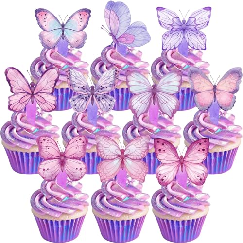 TELAIN 40 Stück Lila Schmetterling Cupcake-Topper, Elegante Schmetterlings-Dekoration für Geburtstagsparty, Baby Shower oder Thementische (10 Designs) von TELAIN
