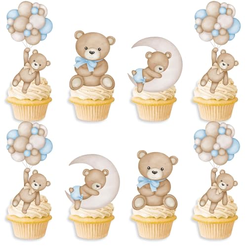 TELAIN 48 Stück Teddybär Cupcake-Topper, Babybär Kekse-Deko für Baby Shower, Niedliche Bären Cupcake-Dekoration für Bären-Themen Baby Shower Geburtstagsparty (Blau) von TELAIN