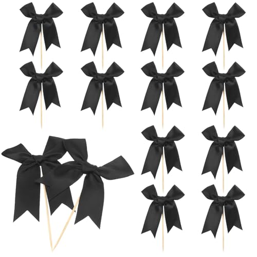 TELAIN 12 Stück Schwarze Schleifen Cupcake Deko, Coquette Themen Partydekoration, Schwarze Schleifen Kuchen Topper für Hochzeitsduschen Junggesellinnenabschiede und Geburtstagsfeiern von TELAIN