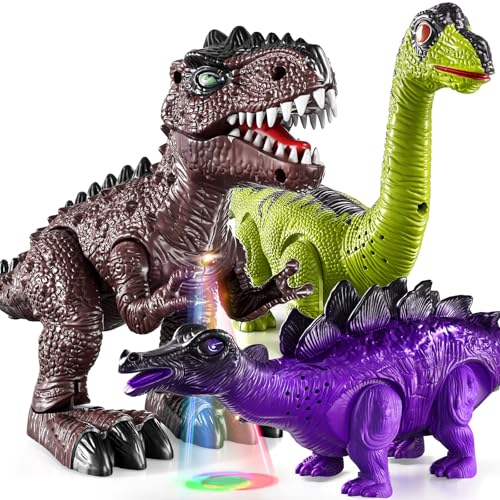 TEMI 3er-Pack elektrisch laufende Dinosaurier-Spielzeuge mit Brüllgeräuschen und Lichtern, realistischer Roboter T-Rex für Kleinkinder 2-3-5 Jahre, Brachiosaurus, Stegosaurus-Dinosaurierfiguren von TEMI