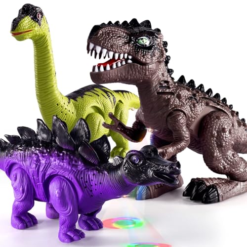 TEMI 3er-Pack elektrisch laufende Dinosaurier-Spielzeuge mit Brüllgeräuschen und Lichtern, realistischer Roboter T-Rex für Kleinkinder 2-3-5 Jahre, Brachiosaurus, Stegosaurus-Dinosaurierfiguren von TEMI