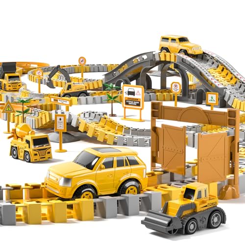 TEMI 236 PCS Autorennbahn Spielzeug für 3 4 5 6 Jahre alte Jungen, Flexible Rennstrecken Playset mit 6 Auto Spielzeug für Kinder, Geburtstagsgeschenk Alter 3-9 Jungen Kleinkind Mädchen von TEMI