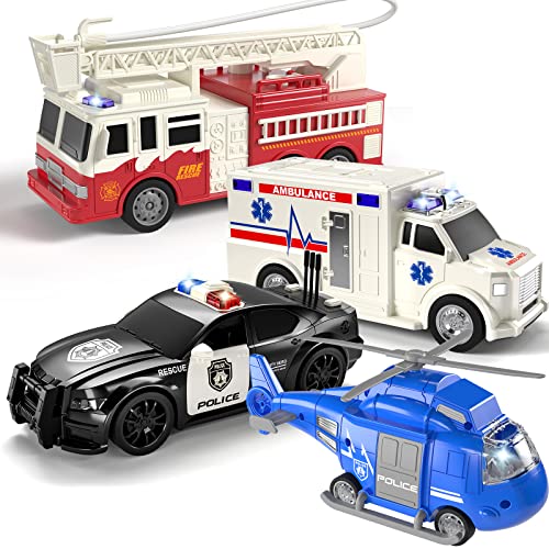 TEMI 4 Stück Fahrzeug Spielzeug für Kinder, Rettungshubschrauber, Polizeiauto, Feuerwehrauto, Krankenwagen, Auto Spielzeug für Kinder, Geschenk für Jungen und Mädchen ab 3 Jahren von TEMI