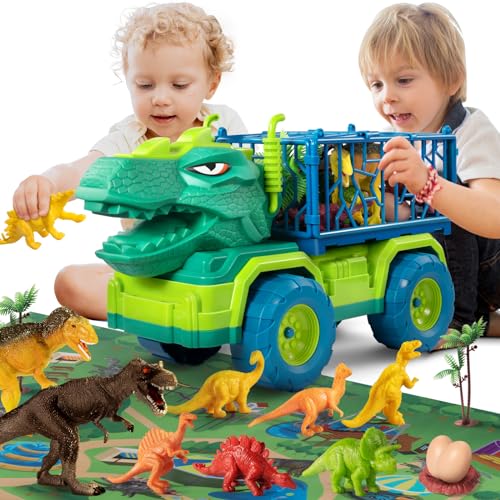 TEMI Dinosaurier LKW Spielzeug für Kinder 3-5 Jahre, Tyrannosaurus Transport Auto Träger LKW mit 8 Dino Figuren, Aktivität Spielmatte, Dinosaurier Eier, Bäume, fangen Jurassic Spiel Set für Jungen von TEMI