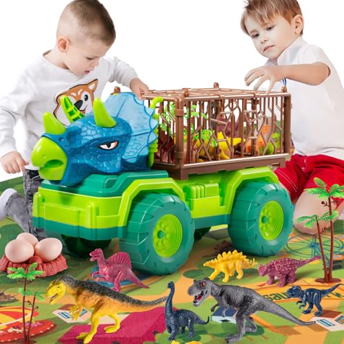TEMI Dinosaurier-LKW-Spielzeug für Kinder von 3–5 Jahren, Triceratops-Transportauto-Transporter, mit 8 Dino-Figuren, Aktivitäts-Spielmatte, Capture Jurassic Dinosaur Play Set für Jungen und Mädchen von TEMI