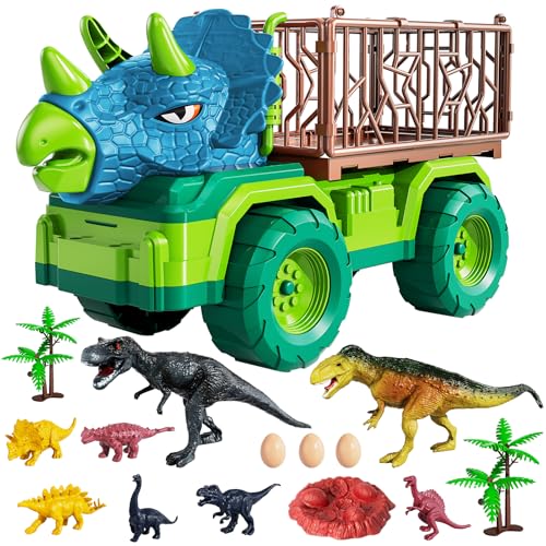 TEMI Dinosaurier-LKW-Spielzeug für Kinder von 3–5 Jahren, Triceratops-Transportauto-Transporter, mit 8 Dino-Figuren, Aktivitäts-Spielmatte, Capture Jurassic Dinosaur Play Set für Jungen und Mädchen von TEMI