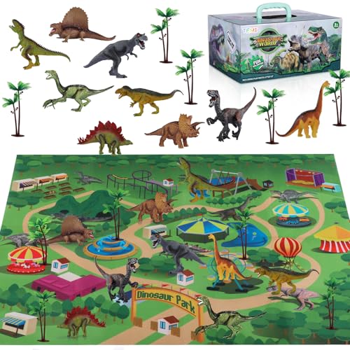 TEMI Dinosaurier Spielzeugfigur mit Aktivität Spielmatte & Bäume, pädagogisch realistisches Dinosaurier-Spielset zur Schaffung Einer Dino-Welt mit T-Rex, Triceratops, Velociraptor für Kinder 3+ von TEMI