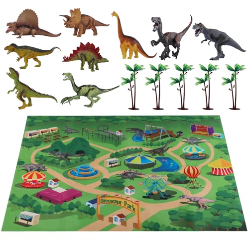 TEMI Dinosaurier Spielzeugfigur mit Aktivität Spielmatte & Bäume, pädagogisch realistisches Dinosaurier-Spielset zur Schaffung Einer Dino-Welt mit T-Rex, Triceratops, Velociraptor für Kinder 3+ von TEMI