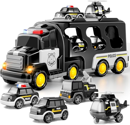 TEMI Polizei LKW Spielzeug für Kleinkind 3 4 5 6 Jahre alte Jungen.5-in-1 Reibung Power Notfallfahrzeug, Polizei Auto Spielzeug für Kleinkinder 1-3, Träger LKW Spielset für Kinder 3-5 von TEMI