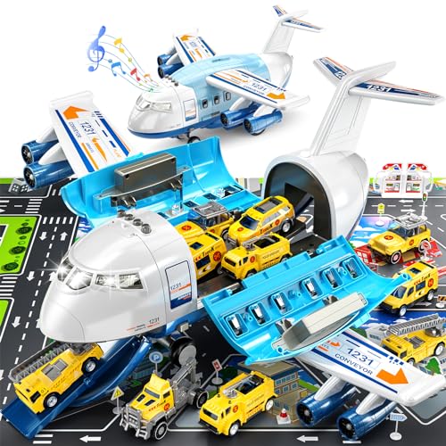 TEMI Mist Spay Lagerung Transport Flugzeug Fracht mit 6 Freilauf-Druckguss-Baufahrzeugen und Spielmatte, Toy Jet Aircraft mit Licht & Geräuschen, Geschenk 3 4 5 Jahre alte Kinder, Jungen & Mädchen TEMI Mist Spay Lagerung Transport Flugzeug Fracht mit 6 Freilauf-Druckguss-Baufahrzeugen und Spielmatte, Toy Jet Aircraft mit Licht & Geräuschen, Geschenk 3 4 5 Jahre alte Kinder, Jungen & Mädchen von TEMI