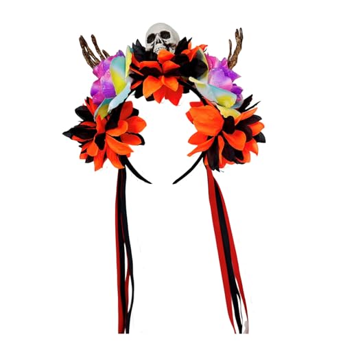 TEMOOUES Buntes Totenkopf mit Blumen-Skelett-Händen, verstellbares Halloween-Stirnband für Damen, Herren, Kinder, Kostüm, Partys, Dekoration, Halloween-Party-Zubehör TEMOOUES Buntes Totenkopf mit Blumen-Skelett-Händen, verstellbares Halloween-Stirnband für Damen, Herren, Kinder, Kostüm, Partys, Dekoration, Halloween-Party-Zubehör von TEMOOUES