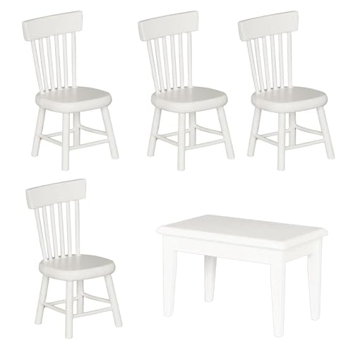 TEMOOUES Elegantes weißes stabiles Holz Miniatur-Tisch und Stuhl Set für Puppenhäuser Esszimmer Zubehör Maßstab 1/12 für den täglichen Gebrauch von TEMOOUES