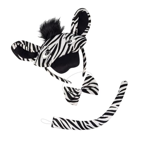TEMOOUES Zebras Ohren und Schwanz, Fliege, Handschuhe, Tier-Kostüm-Set, Zubehör, Zebras-Kostüm-Set für Halloween, Cosplay-Party von TEMOOUES