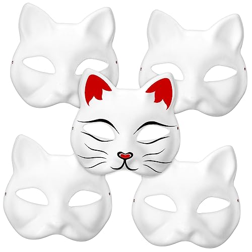 TEMPNAP 5 Stück Weiße DIY Katzenpapiermasken zum Bemalen Leichte Handbemalte Tiermasken mit Elastischem Band für Cosplay und Kostümpartys von TEMPNAP