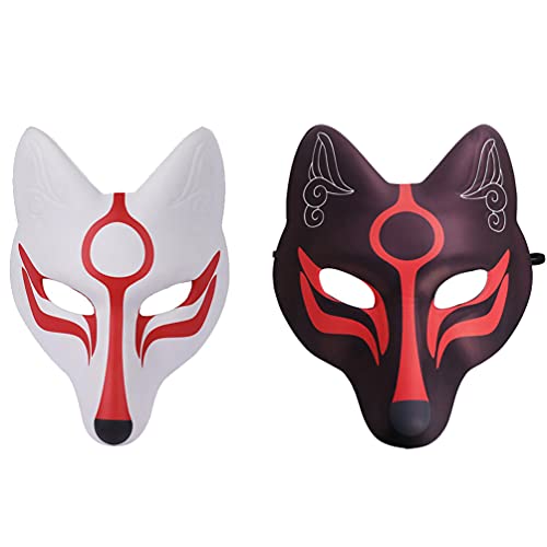 TENDYCOCO 2 Stücke Fuchs Japanische Kitsune Maske Tier Cosplay Maske Party (Schwarz Weiß) von TENDYCOCO