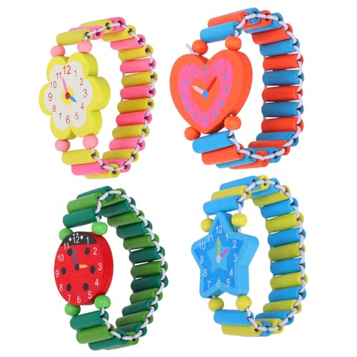 TENDYCOCO 4 StüCk Kinder Holz Armbanduhr Spielzeug, Elastisches Armband, Cartoon Design, ZufäLlige Muster Und Farben, Lernspielzeug FüR Kleinkinder von TENDYCOCO